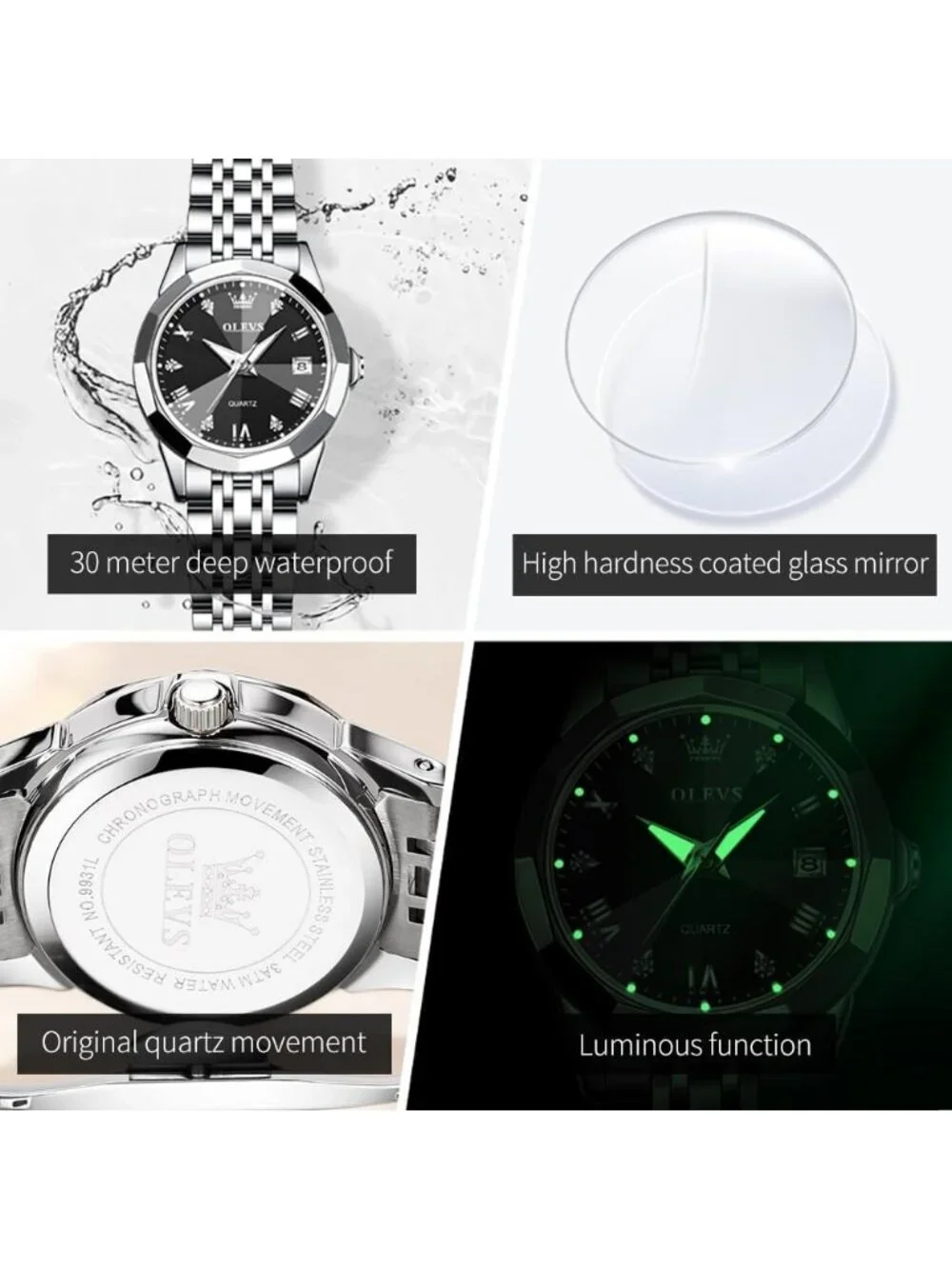 Women’s Black White Luxury Stainless Steel Waterproof Quartz Analog Dress Watch